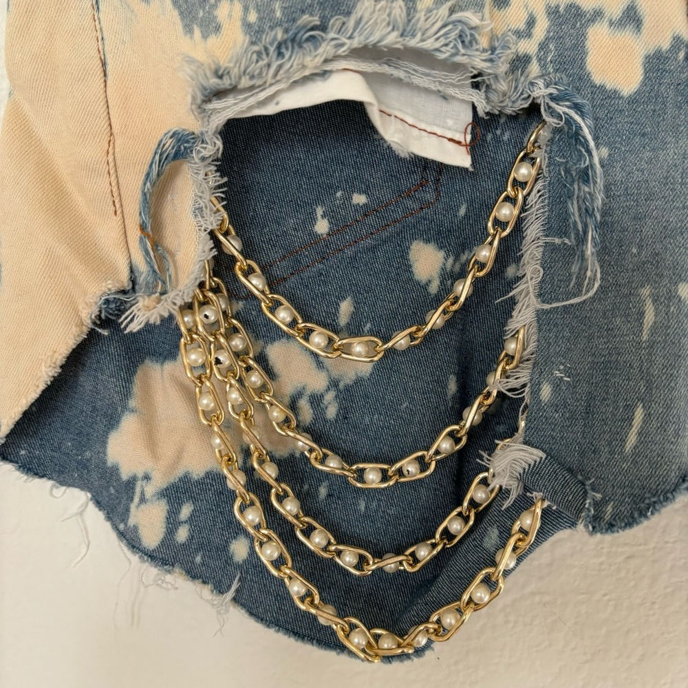 Bleached & Distressed Denim Shorts With Gold Embe… - image 3